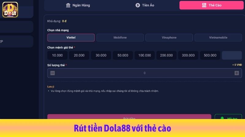 Rút tiền Dola88 với thẻ cào